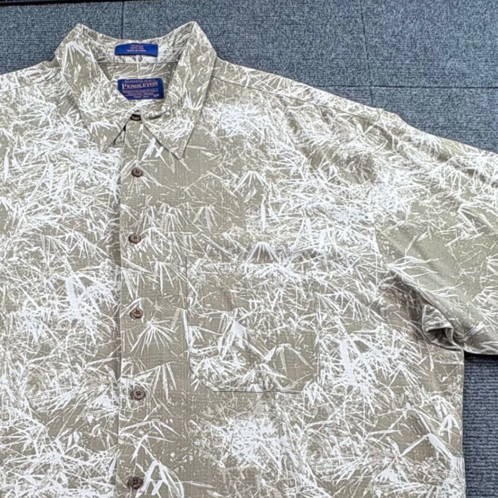 Pendleton Mens XL Silk Button Down Shirt Short Sleeve Bamboo Print Tan White